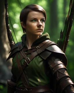 Half-elf ranger with short brown hair and keen green eyes. Pointed ears, weathered face. Leather armor, longbow on back. Hunting knife at belt. Alert stance. Forest background, natural lighting, medieval fantasy style.