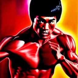 Ultra detailed fullbody Portrait in oil on canvas of Bruce Lee merges RedHulk,extremely detailed digital painting,extremely detailed face,crystal clear Big eyes, mystical colors ,perfectly centered image, perfect composition, rim light, beautiful lighting,masterpiece,8k, stunning scene, raytracing, anatomically correct, in the style of Wizyakuza and robert e howard and InHyuk Lee and Ohrai Noriyoshi and Simon Bisley.