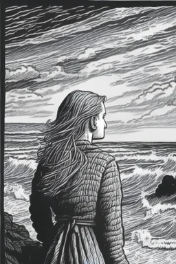 une femme qui regarde la mer, dessin en noir et blanc pour coloriage