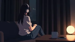 dark 3d anime style, close up in the foreground back to the camera a woman sitting on sofa with her knees pulled to her chest.. in comfortable t-shirt and jeans clothes.. her is normal body not too thin,,Her face is not visible at all. She long dark hair partially covering the side of her head. a headphones on her head and near a table with one mug and a mobilphone on table, heavy dark courtains covers window suggesting to shut out the outside world. She is facing the window,