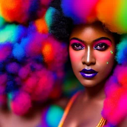 full body shot, masterpiece, best quality, family of three, black skinned, sparkling eyes, fluorescent skin, colorful makeup, afro, highly detailed body, afrofuturism, scifi, sun light, 4K, RAW, depth of field, high contrast, realistic details, 24mm