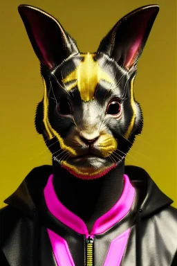 Medium Close Up Portrait, Front image. cyberpunk, rabbit mask, Asian man, pink hair. latex tracksuit. Red, black, gold, color. Kenzo style. Color background, photo studio. Avatar image, highly detailed, concept art, smooth, unreal engine 5, god rays, ray tracing, RTX, lumen lighting, ultra detail, volumetric lighting, 3d, finely drawn, high definition, high resolution.