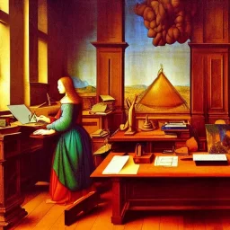 leonardo da vinci works in his study on a laptop at his desk. painting in photoshop. hyperdetailed, warm colors, movie poster, photoillustration, oil on canvas, lens flare