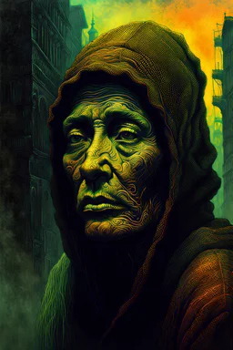 A surreal homeless female wander with highly detailed facial features in the style of Zdzislaw Beksinski, dark luminous colors and otherworldly aesthetic.