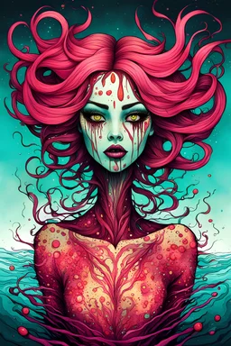 illustration of a freckle faced shape shifting siren anti heroine in the style of Alex Pardee