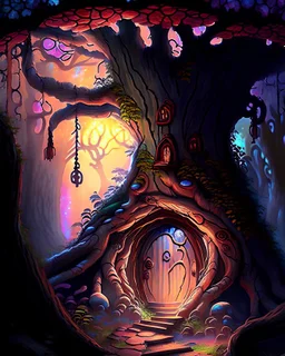 tree entryway to a mushroom dungeon at dawn fantasy rpg painterly art