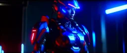 4K. REALISTIC FULL DETAILS. FULL RED BLUE AND WHITE LIGHTS. THEMIS CYBERPUNK ASSAULTED BY SOLDIERS