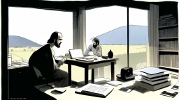 الصورة تعرض ستيف جوبز وهو جالس في مكتبه الخاص، وراءه نافذة تطل على مناظر طبيعية هادئة. يظهر جوبز وهو يرتدي ثوبًا بسيطًا ويتلقى مكالمة هاتفية بينما يعمل على جهاز كمبيوتر محمول. يتسم وجهه بتعابير التفكير العميق والابتسامة الخفيفة، مما يشير إلى تركيزه الشديد وتفكيره الابتكاري. على مكتبه، يمكن رؤية مجموعة من المخططات والنماذج المصغرة لأجهزة تكنولوجية، مما يظهر اهتمامه بالتفاصيل والتصميم المميز. كما يمكن أن نلاحظ تواجد كتب وأدوات كتابة، مما يشير إلى تطلعه المستمر للمعرفة والابتكار. الإضاءة في الصور