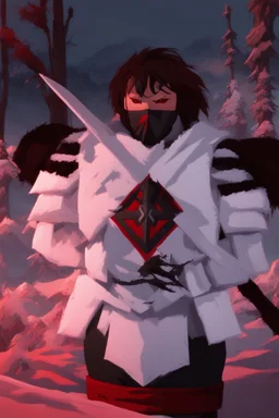 The character, in a striking white armour against a wintry backdrop stands with his hands behind his back inside the scene, he has a red and black circular symbol on his chest like a shield, a black pointed spear with a red handle on his back, His eyes are showing a dynamic expression and he wears a black oni mask with white teeth on it covering the bottom part of his mouth he has brown shoulder pads and a white belt with a bag attached to it. He has dark brown hair, he does not wear a helmet.