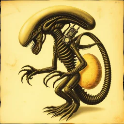 scrapbooking composition, surreal, grainy image, jaundice embalmed checkerboard ataxia, biomechanical vacuum tube anthropomorphic xenomorph with an evolutionary built-in egg incubator, by H.R. Giger, unsettling, profound,