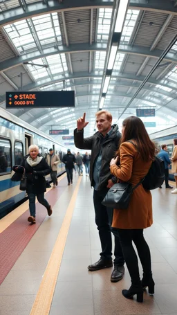 A man and a women in the train station saying good bye , people are rushing to the train