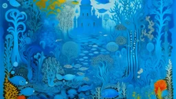 A blue underwater kingdom designed in German folk art painted by Andy Warhol