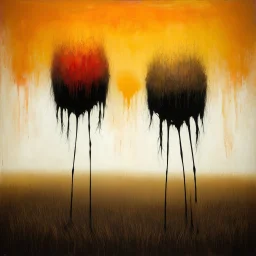 Abstract Style by Gabriel Pacheco and VS Gaitonde and Andy Kehoe and jack Yerka, abstract surreal art, a metaphorical representation of the ephemeral relationship of warped long legged rivalries, gestalt lunatic grass shine, warm colors, sinister, surreal masterpiece, dynamic diagonal layout composition, juxtaposition of the uncanny and banal, sharp focus, weirdcore, never-before-seen