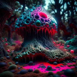 Irregular black spots, 8k, 3d render, Zdenek Burian, melting horror, tridimensional figures, intricate patterns, forest, sinister scribbles, colors, shot on Hasselblad, Yves Tanguy, tragicomic