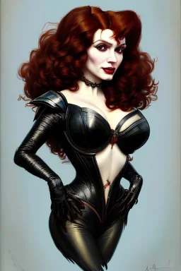 painting of christina hendricks as evil queen in black leather, feminie, angry, volouptous, busty, cleavage, emperious, mature, highly detailed, digital painting, artstation, concept art, smooth, sharp focus, illustration, art by gaston bussiere and alphonse mucha