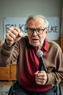 Portrait of poor angry caucasian very old senior man wearing eyeglasses and showing big fist standing at home indoor, Older Adults and Their Anger Issues, wheelchair, holding an microphone screaming, a sign with the word "FOLKE" in background