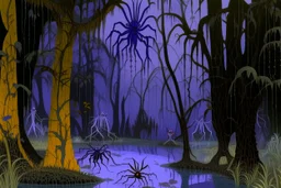 A purple haunted swamp with ghostly spiders designed in Indian Gond art painted by Edgar Degas