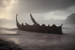 Broken viking longboat shipwrecked at a pebbled beachside, fantasy, mystical, lightshafts, storm in the distance