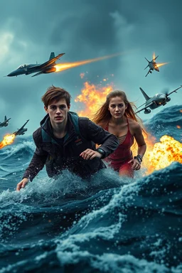 18-year-old Scott Kendall and 15-year-old Judi Ott emerging from a tumultuous sea amidst a stormy backdrop, locked in combat with agile fighter jets, amidst a conflagration of fire and explosive effects, ambient lighting, professional composition, infused with a mix of elegance and futuristic aesthetics, ultra-realistic, mystical undertones, sharp focus capturing every water droplet and flame, rational placement of subjects within a cinematic frame, epic atmosphere,