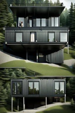Medium sized, modern house made from shipping containers, on a hill in the woods, photorealistic