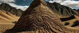 A brown mountain covered in sand designed in African masks painted by Vincent van Gogh