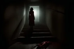 a broken, bloody, torn, beaten woman lies at the bottom of a dirty staircase. At the top of the stairs stands the silhouette of a massive man, behind him a small light leaks through an open door, dramatic, gloomy atmosphere, sad, weird, dark colors, cinematic, realistic picture