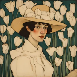 A portrait of a young woman in a hat holding a bouqet of white tulips at her chest painted by Egon Schiele