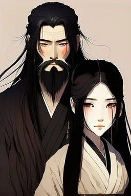 Traditional Japanese anime woman, long black hair, with bearded man