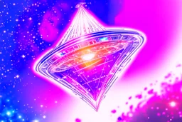 a cosmic beautiful DISH SPACESHIP made of crystals and light is flyng INA MAGIC BRIGHT SKY OF A GALAXY. IT IS PASSED BY A VERTICAL SHINE FROM TOP TO BOTTOM. IT'S FLYNG ON A FAIRY Landscape