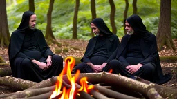 Black robed monks sitting around a fire in the forest