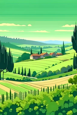 Tuscany countryside and vineyards in style of Kawase Hasui, minimal