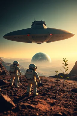 A spaceship landing and astronauts around in a noramal greadit backround with earth globe and two plants on the horizon