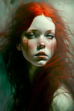 prompt: An image of a red-haired beautiful girl in the style of Mike Worrall, Stefan Gesell, Anton Semenov, Arthur Boyd, Gerald Scarfe, Wlad Safronow, Yves Tanguy and Christine Ellger. Style airbrush art with very soft muted colours and a hazy atmosphere. Bold oil paintings with thick brushstrokes and spots --ar 16:9