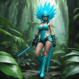 [humid jungle forest] thin nudist cyan female alien thief with goggles fabric boots and corset with ray daggers
