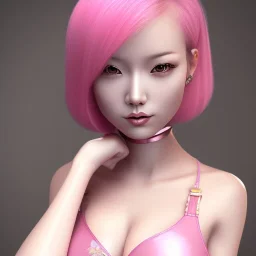  Asian woman, leaning pose, pink short hair, latex suit, highly detailed, rabbit mask,