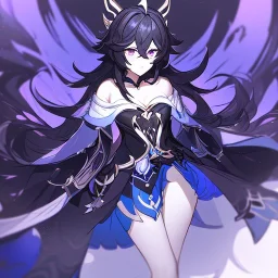 Clear focus, High resolution, rough line sketch art, long black hair, hair between eyes, fluffy hair, purple eyes, wearing a off shoulder shirt, no spaghetti strapes, dark aura, 1girl, wearing a skirt, genshin impact