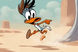 mostly empty space, small character of road runner running towards the right side, leaving behind a cloud of dust. style of looney toons cartoon