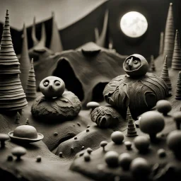 Tim Burton and Max Ernst odd creepy landscape made of modeling clay, gothic