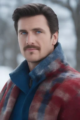 Blue eyes, close-up facial portrait - a Bright, well-lit UHD, 1080p 32k, photograph - winter time, hunting season, part Jesus Christ, part Elvis Presley with a mustache and short crew-cut hair, part Lee Majors, Part red and black checkered wool coat, blue jeans, cowboy boots, plaid shirt, sunbursts, crosses, 3D lighting, diamonds, hearts, Butterflies, Clovers, Roses, extremely colorful,