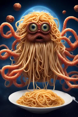 A picture of a spaghetti monster floating in the universe, meatballs as its eyes, and noodles as its tentacles. Realistic. Dressed up like Jesus.