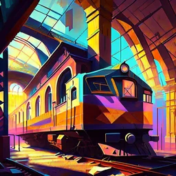 Embark on a cubist journey by painting a backlit train station, incorporating vivid colors and hyper-realistic textures for a captivating result.