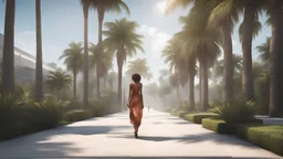 a woman walking down a walkway next to palm trees, a digital rendering by Cedric Seaut (Keos Masons), cg society contest winner, photorealism, vray tracing, vray, daz3d