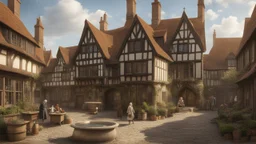 A Paved Courtyard, With Tudor Gothic Houses, Tall Chimneys, Crooked Roofs, a small stream, People, Shops,