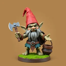 low poly, ai as gnome troll miniature model half painted arms outstretched holding axe offering gift, bucket shield background