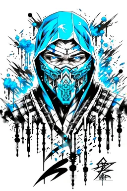 Sub Zero from Mortal Kombat, ink artistic conception, with typography elements, abstract, complementary colors, simplicity, Chinese painting, white background, 8k,