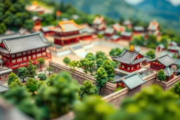 Diorama style birds-eye toy-like tilt shift image of 1700s Japanese city with temple and walls and lots of trees