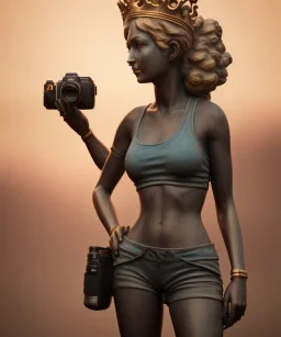 Statue of Queen of photography holding camera in hands. Cute blonde woman. Photographer in golden crown. Standing on the street. Big camera in her hand. hyperdetailed, photorealistic, trending on artstation, greg rutkowski, beksinski, kodachrome, volumetric lighting, gold and cyan