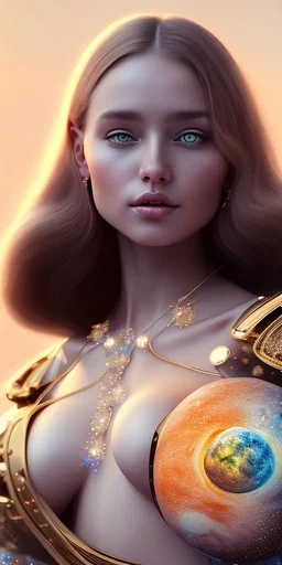 brown eyes, laugh, brunette sophie hennie cute young woman singing at saturns europa moon, golden jewelry, ice cold, winter, magnificent, majestic, highly intricate, incredibly detailed, ultra high resolution, complex 3d render,renaissance painting