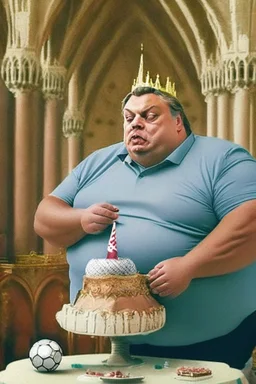 fat ugly viktor orban in a suite eating birthday cake in a castle. There are soccer balls around