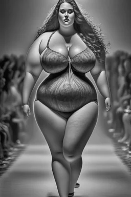 full_body_shot_of_a_hyper_realistic_ultra_detailed_photograph_of_a_beautiful curvy sexy clothes ,female model walking down a runway at a fashion show dark